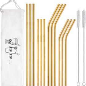 Hiware 12-Pack Gold Stainless Steel Straws Reusable with Case - Metal Drinking Straws for 30oz & 20oz Tumblers Dishwasher Safe, 2 Brushes Included